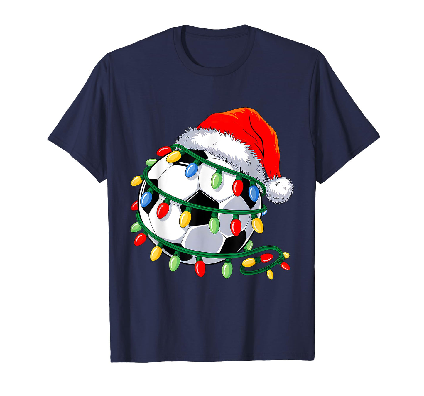 Soccer Ball Santa Hat Men Women Christmas Soccer Xmas Lights T-Shirt