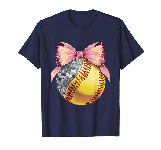 Cute Coquette Bow Disco Ball Softball Player Game Day Mom T-Shirt