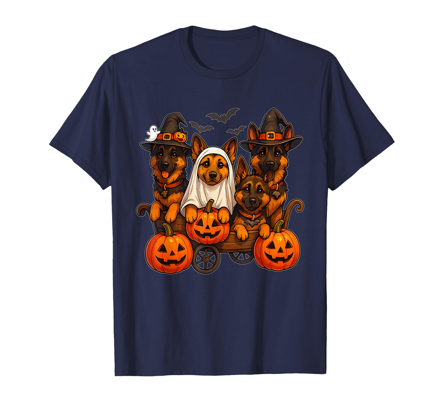 Halloween German Shepherd Ghost Witch Pumpkins Wooden Wagon T-Shirt