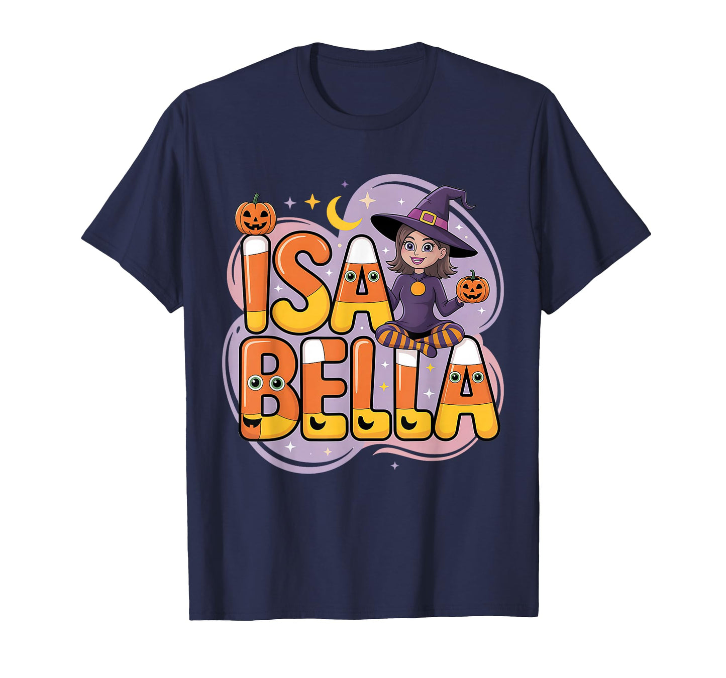 Isabella Witch Candy Corn Cat Halloween Women and Girls T-Shirt