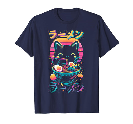Anime Cat Eats Ramen Retro Kawaii Ramen Cat T-Shirt