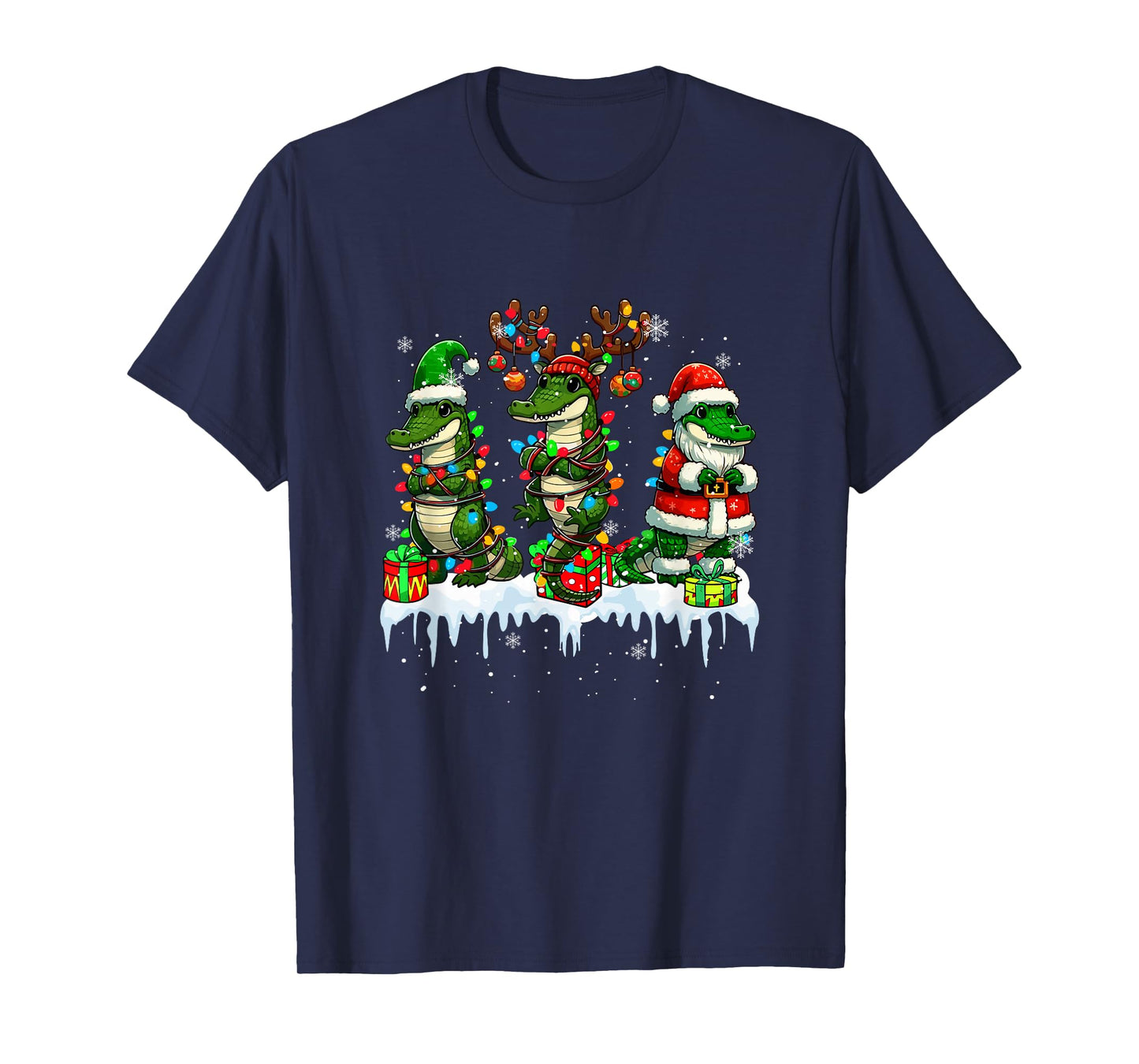 Three Santa Reindeer Elf Crocodiles Xmas Colorful Lights T-Shirt