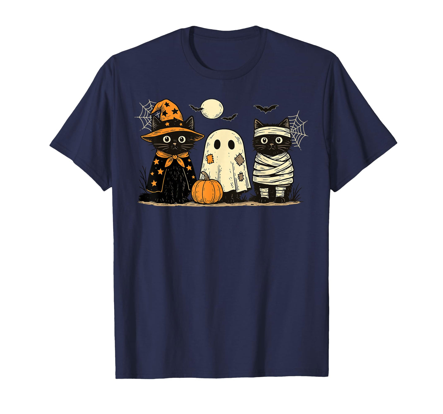 Retro Black Cat Witch Scary Halloween Pumpkin Women Men Kids T-Shirt