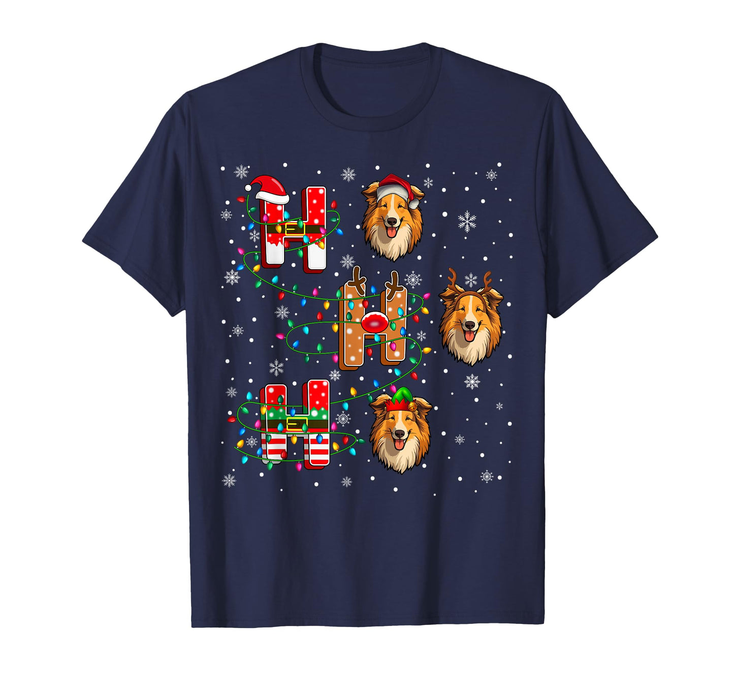 Ho Ho Ho Santa Reindeer Elf Matching Rough Collie Dog Xmas T-Shirt
