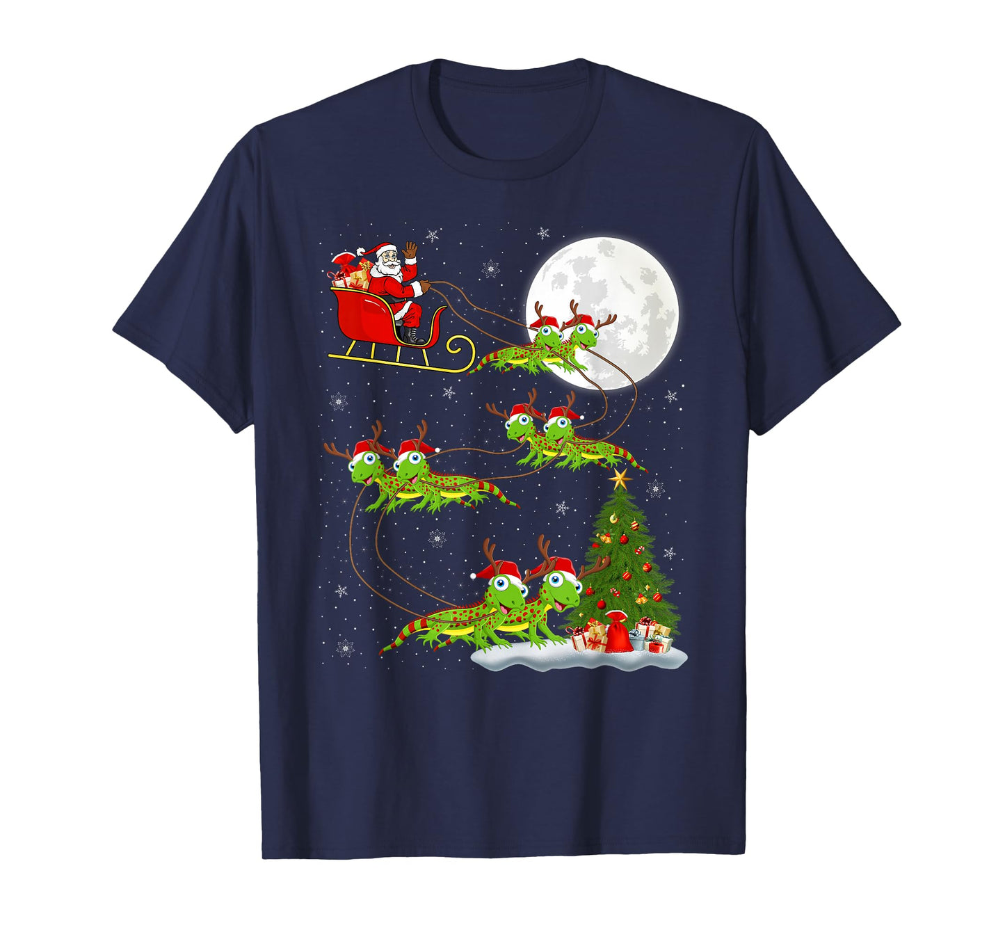 Lizard Gecko Santa Sleigh Flying Funny Magical Christmas T-Shirt