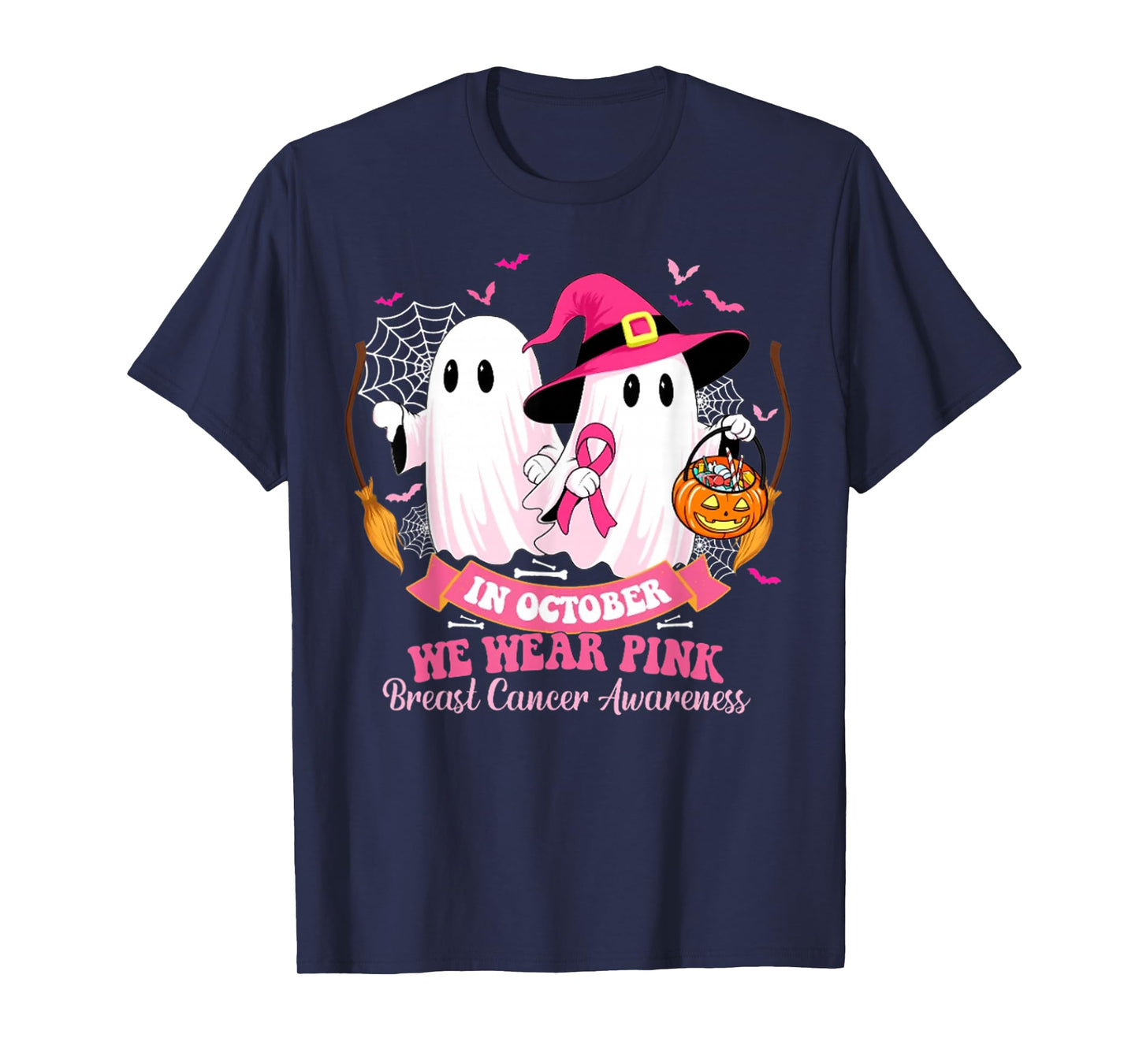 in October We Wear Pink Ghost Witch Breast Cancer Awareness T-Shirt