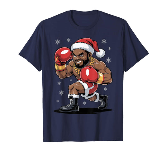 Funny Afro Santa Boxing African American Christmas Holiday T-Shirt