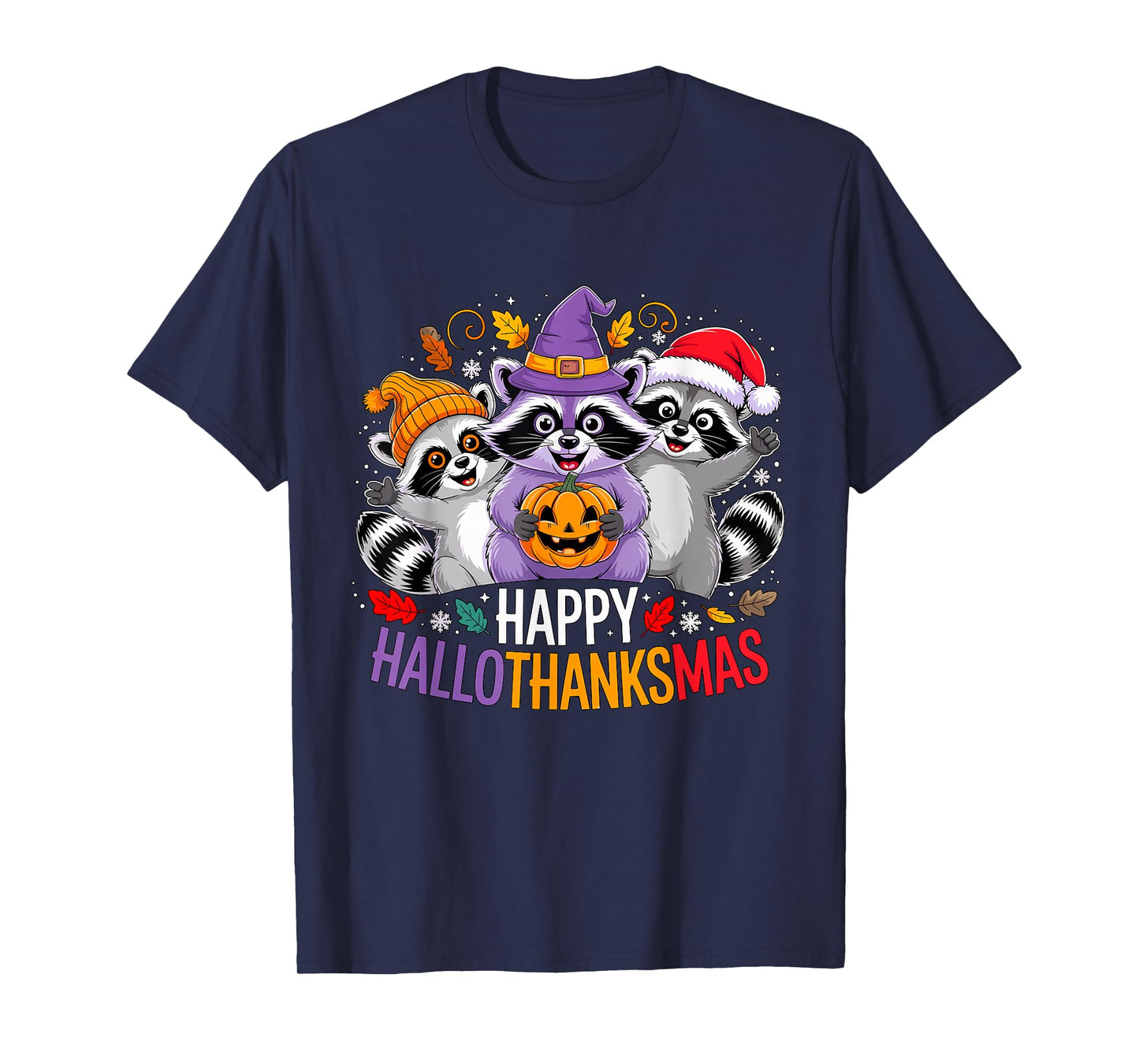 Happy Hallothanksmas Raccoon Trio Pumpkin T-Shirt