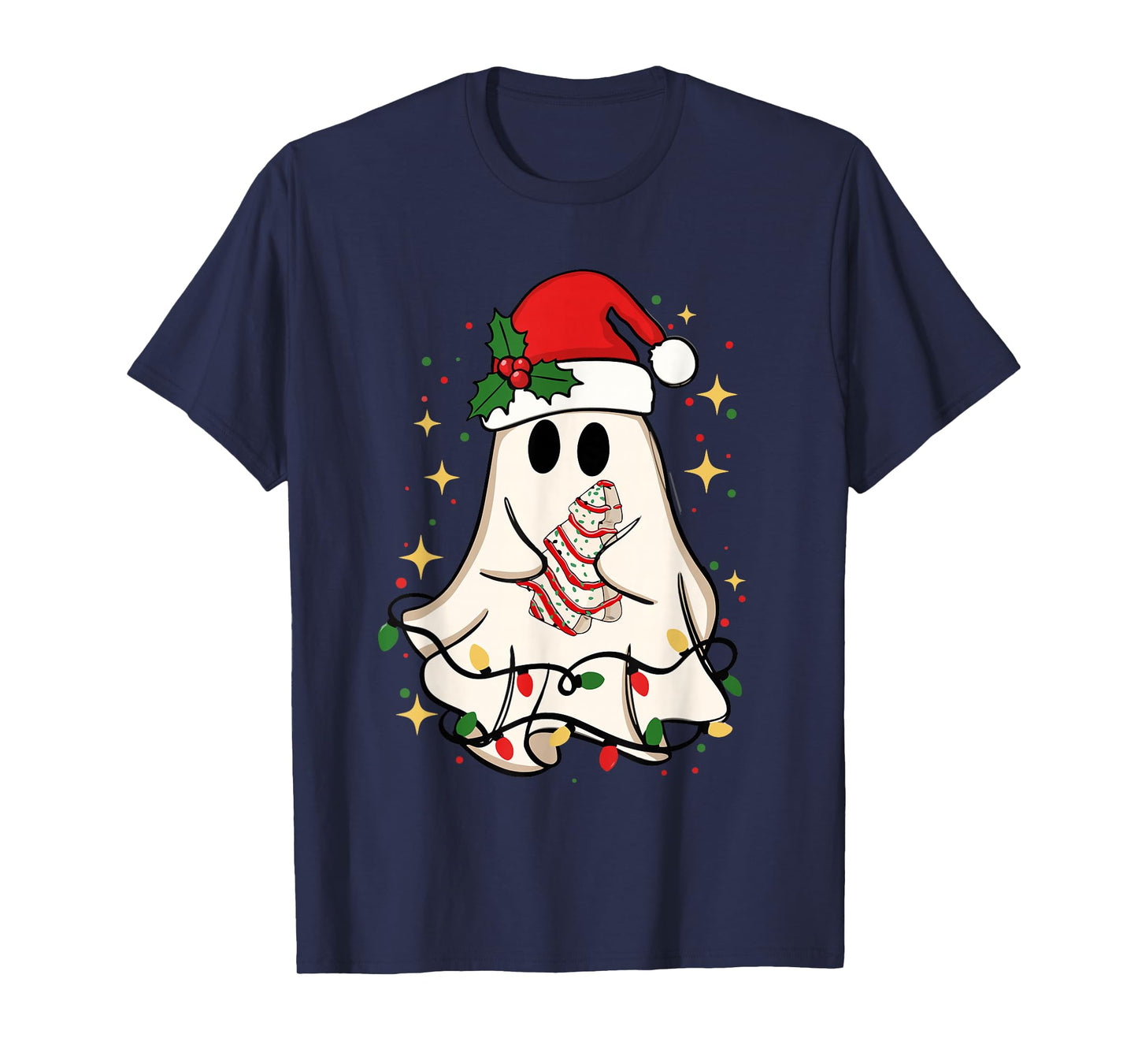Cute Ghost Lights Tree Cake Merry Christmas Funny Xmas T-Shirt