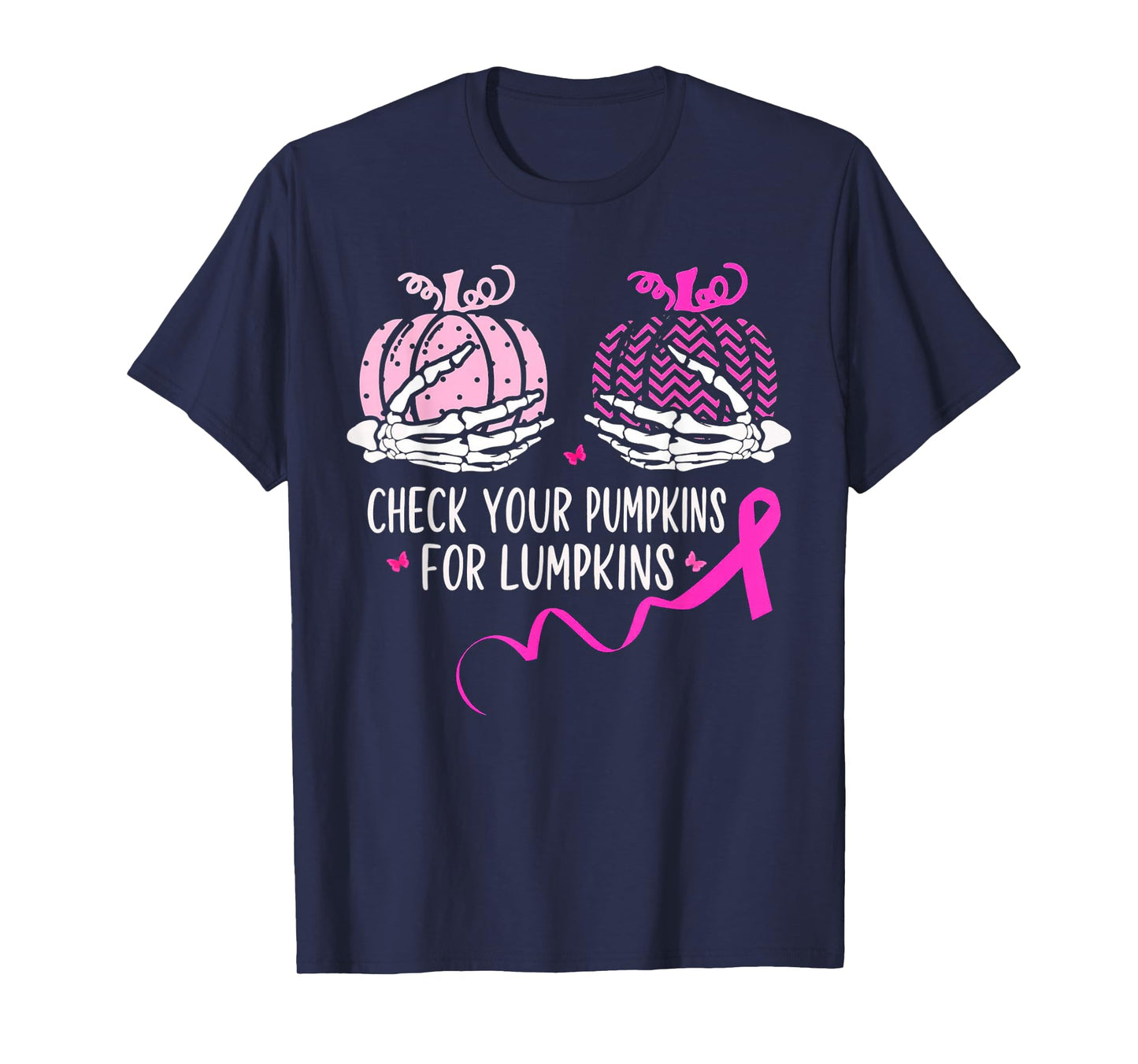 Skeleton Check Your Pumpkins Pink Breast Cancer Awareness T-Shirt