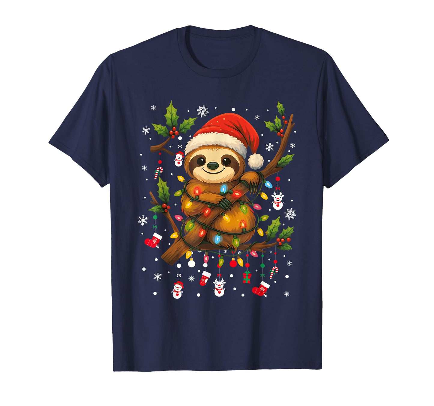 Sloths Christmas Santa Hat Xmas Lights Gifts Men Boys Kids T-Shirt