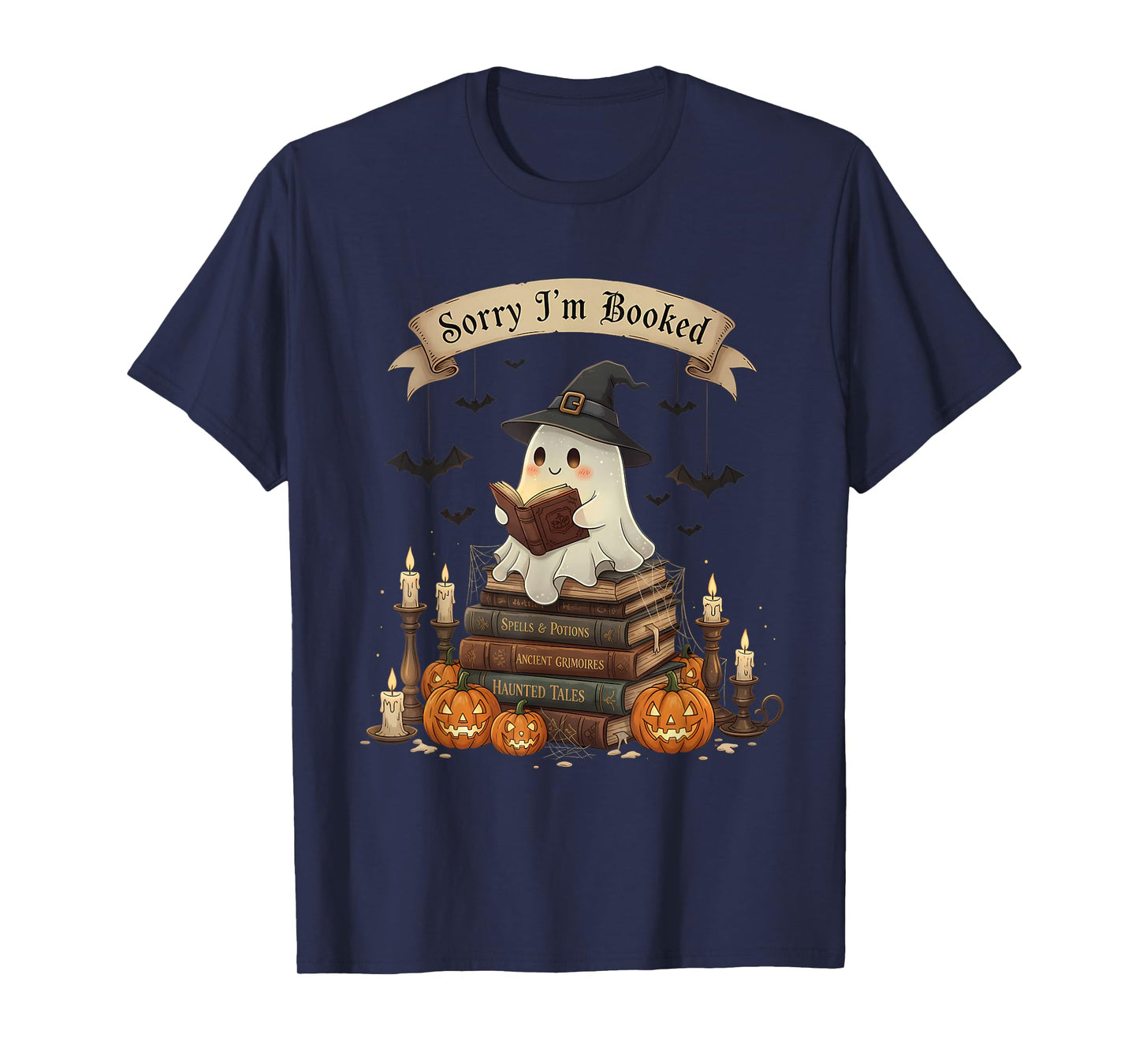 Sorry I’m Booked Ghost Reading Witch Hat Pumpkin Halloween T-Shirt