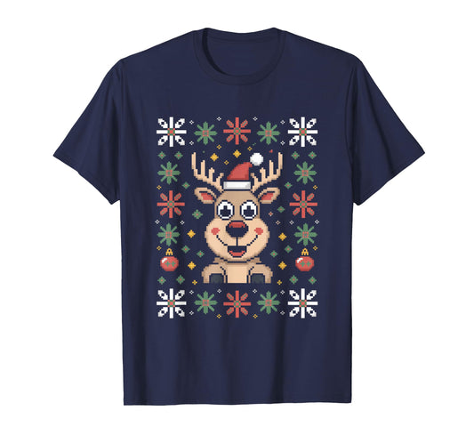 Cute Reindeer Ugly Christmas Sweater Pixel Santa T-Shirt