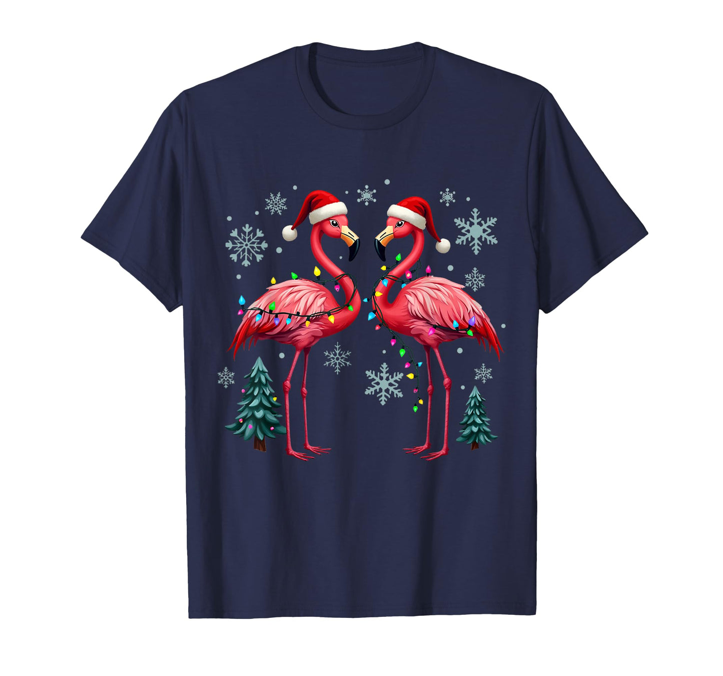 Pink Flamingo Santa Hat Christmas Tree Lights Flamingo Lover T-Shirt