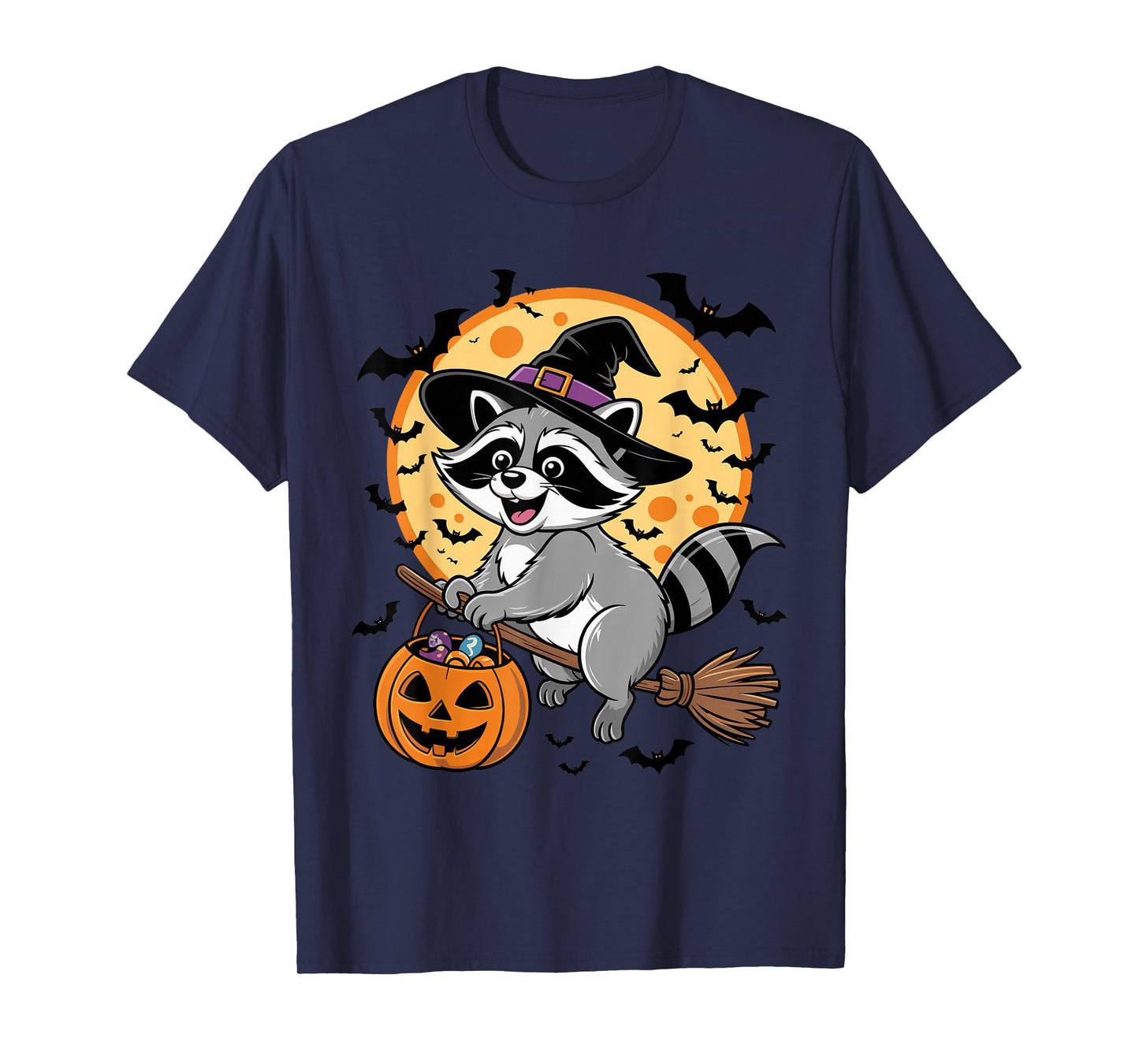 Cute Raccoon Witch Riding Broom Halloween Pumpkin Kids Boys T-Shirt