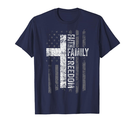 Faith Family Freedom Patriotic Christian Vintage USA Flag T-Shirt