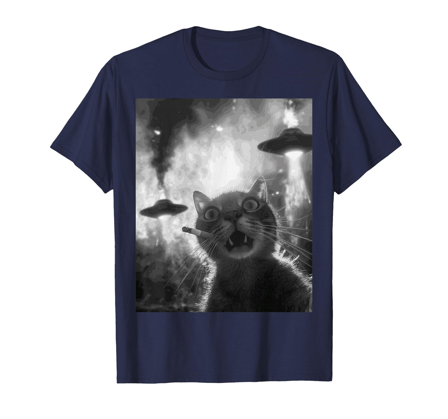 Funny Graphic Cat Smoking UFOs Funny T-Shirt