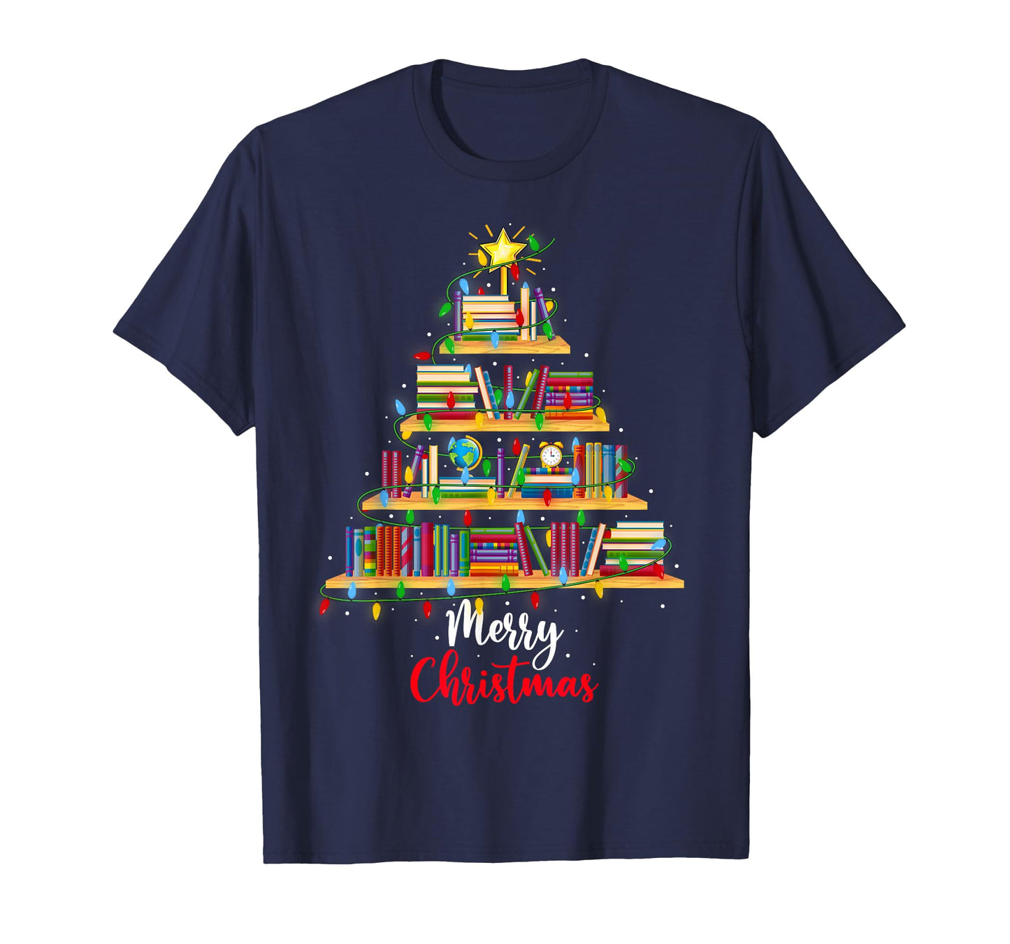 Book Christmas Tree Lights Book Lover Librarian Teacher Xmas T-Shirt