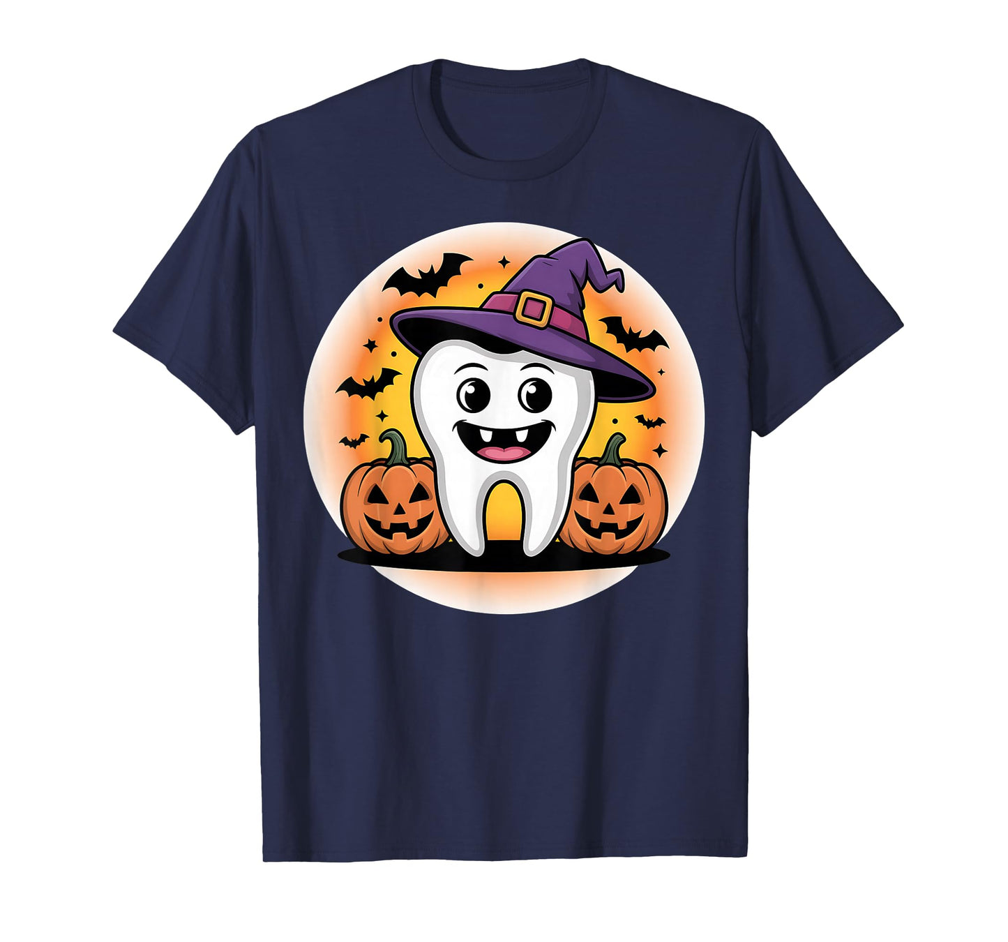 Halloween Tooth with Witch Hat and Pumpkins Design T-Shirt