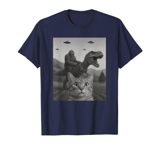 Cat Selfie with Bigfoot Riding T-rex Dinosaur Alien UFO Men Women Kids T-Shirt
