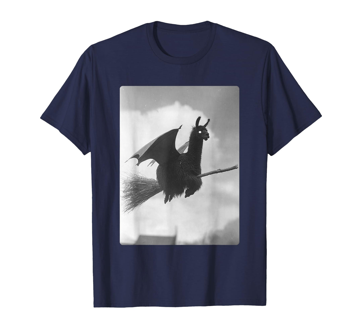 Gothic Llama Witch Broom Bat Wings Spooky Halloween Animal T-Shirt