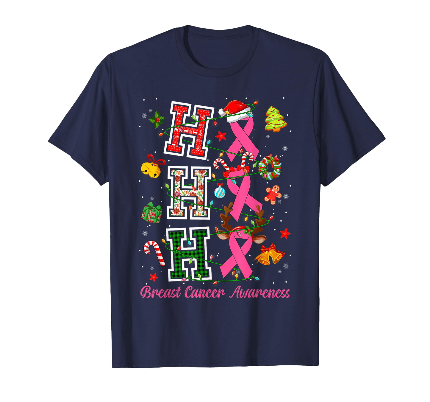 HoHoHo Pink Ribbon Santa Hat Christmas Lights Breast Cancer T-Shirt