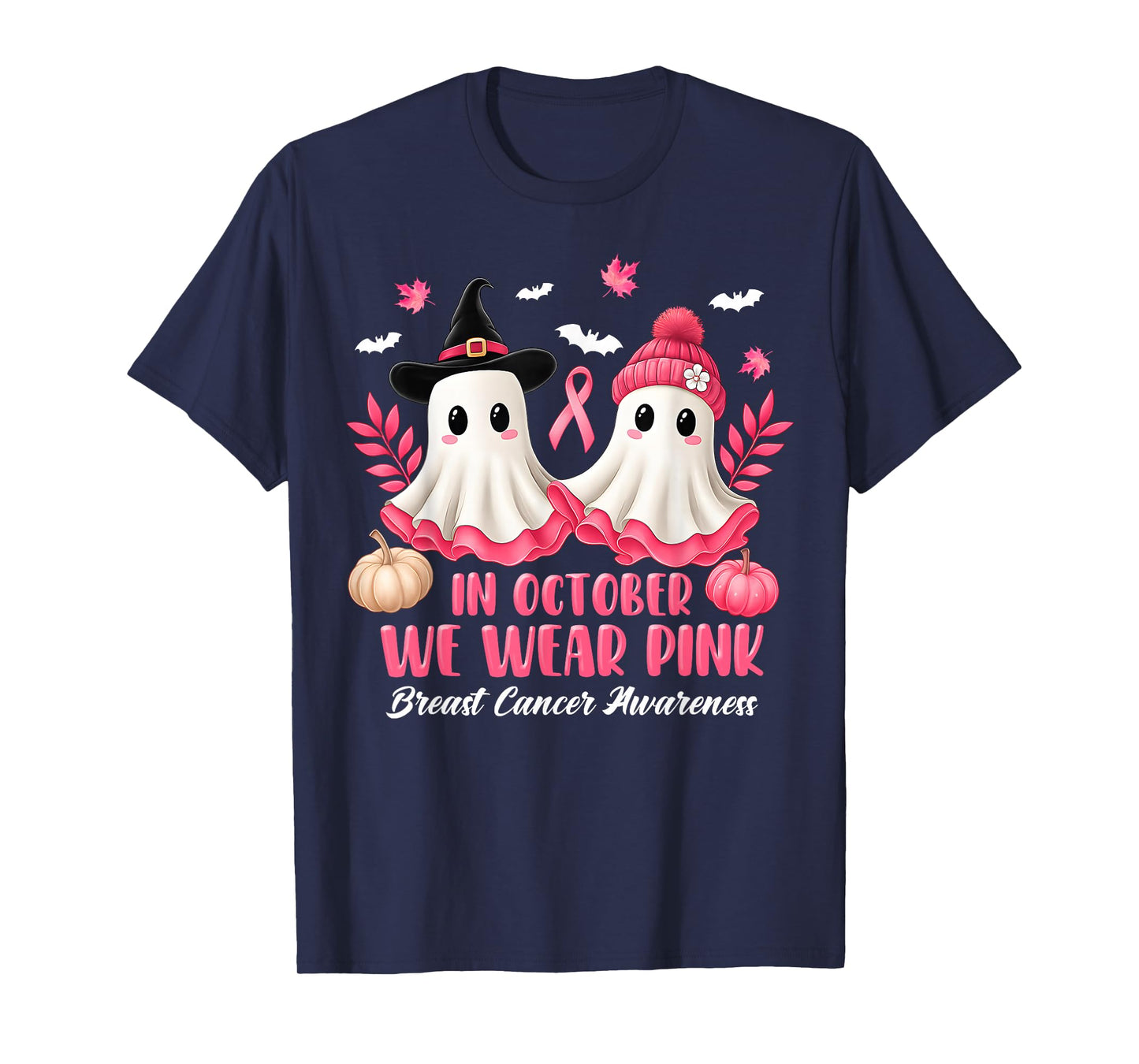 in October We Wear Pink Ghost Witch Breast Cancer Awareness T-Shirt