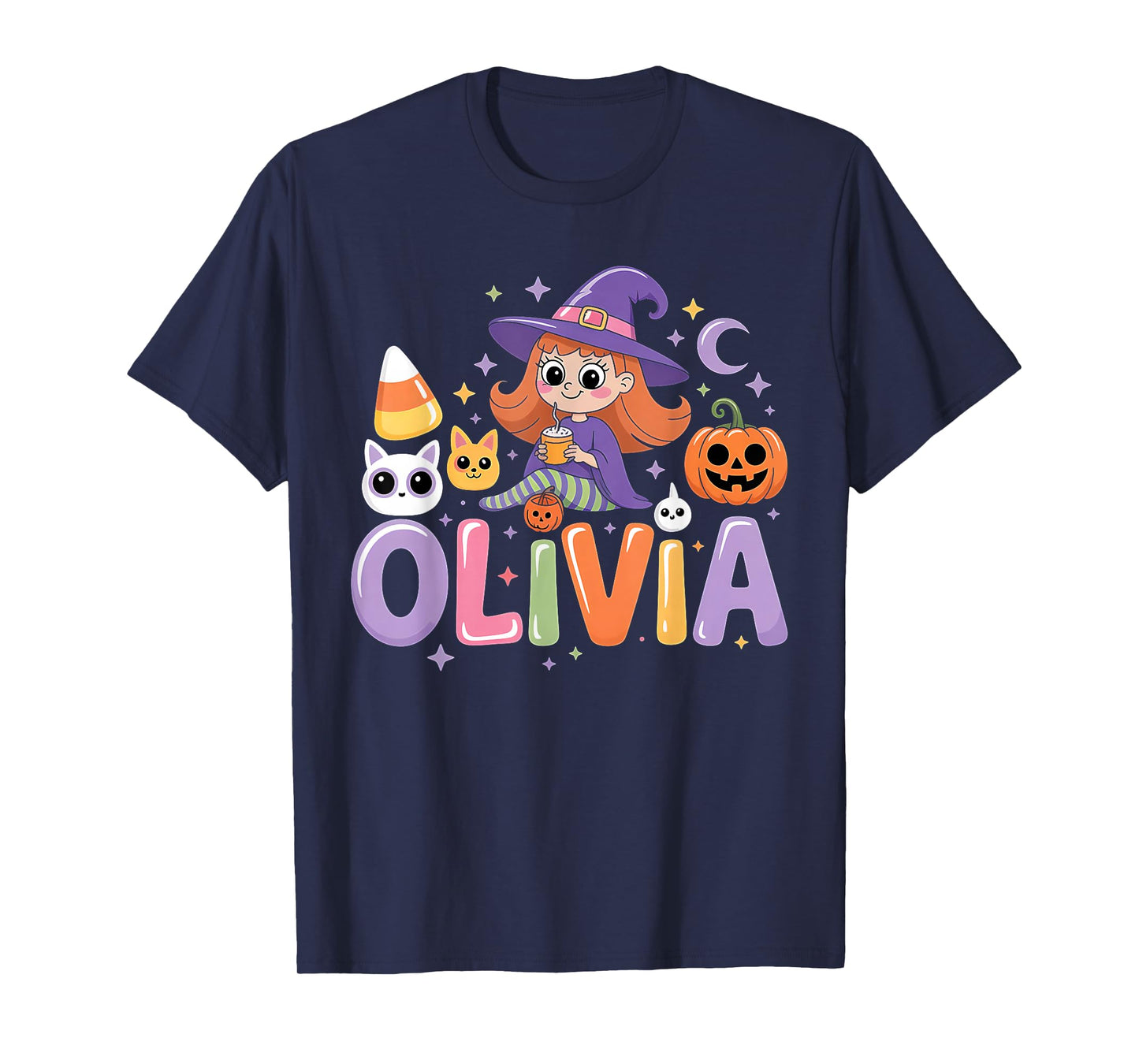 Olivia Witch Candy Corn Cat Halloween Women and Girls T-Shirt