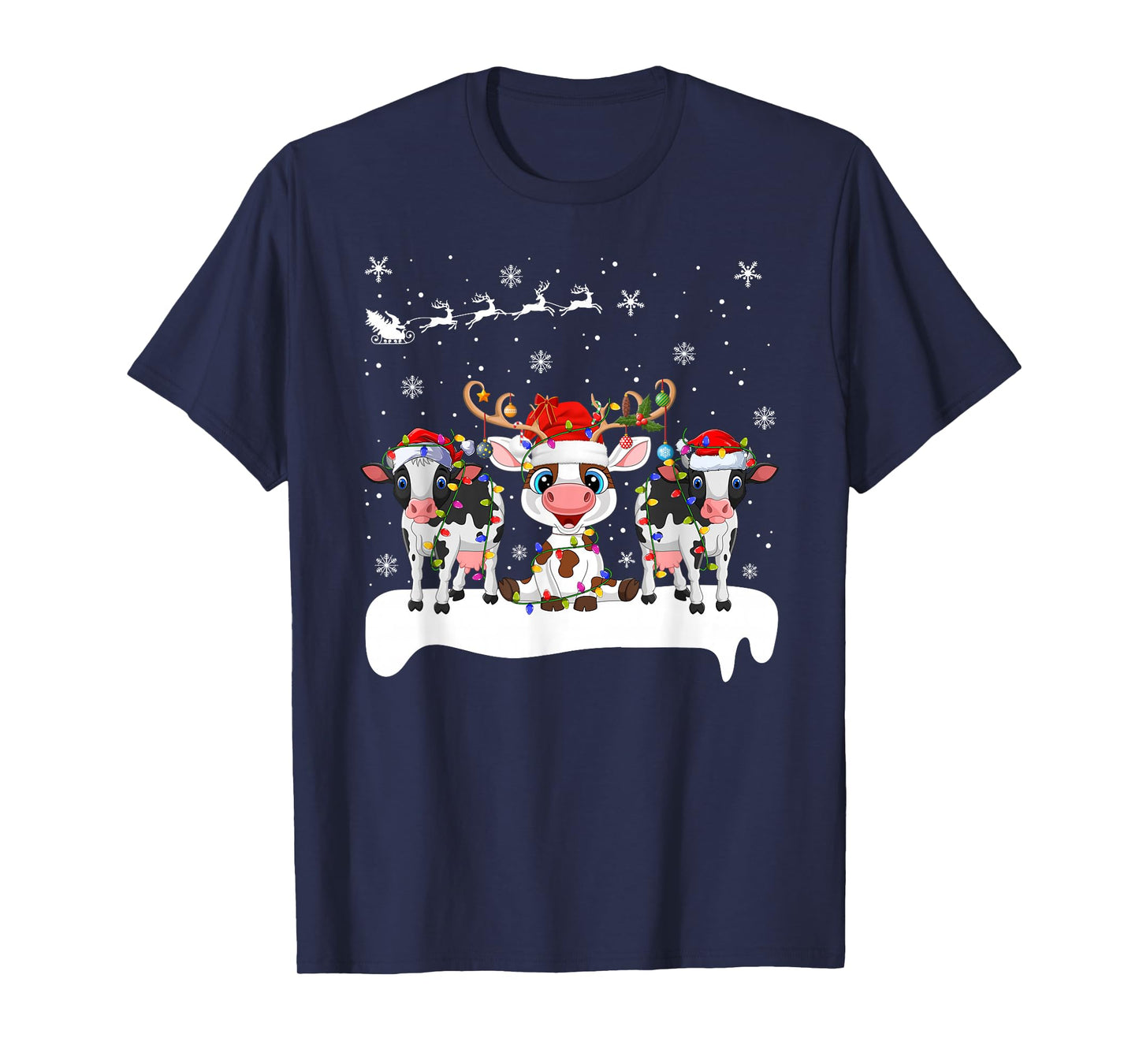 Cow Cattle Christmas Lights Reindeer Santa Hat Cowmas Xmas T-Shirt