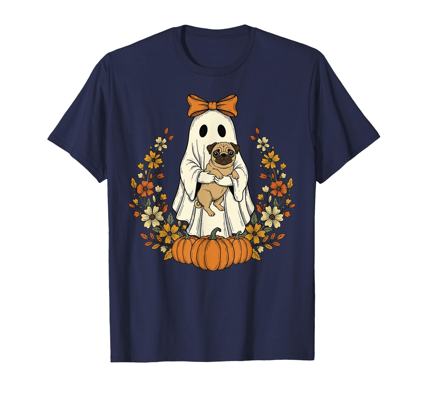 Halloween Pug Ghost Pumpkin Fall Retro Vintage Cute T-Shirt