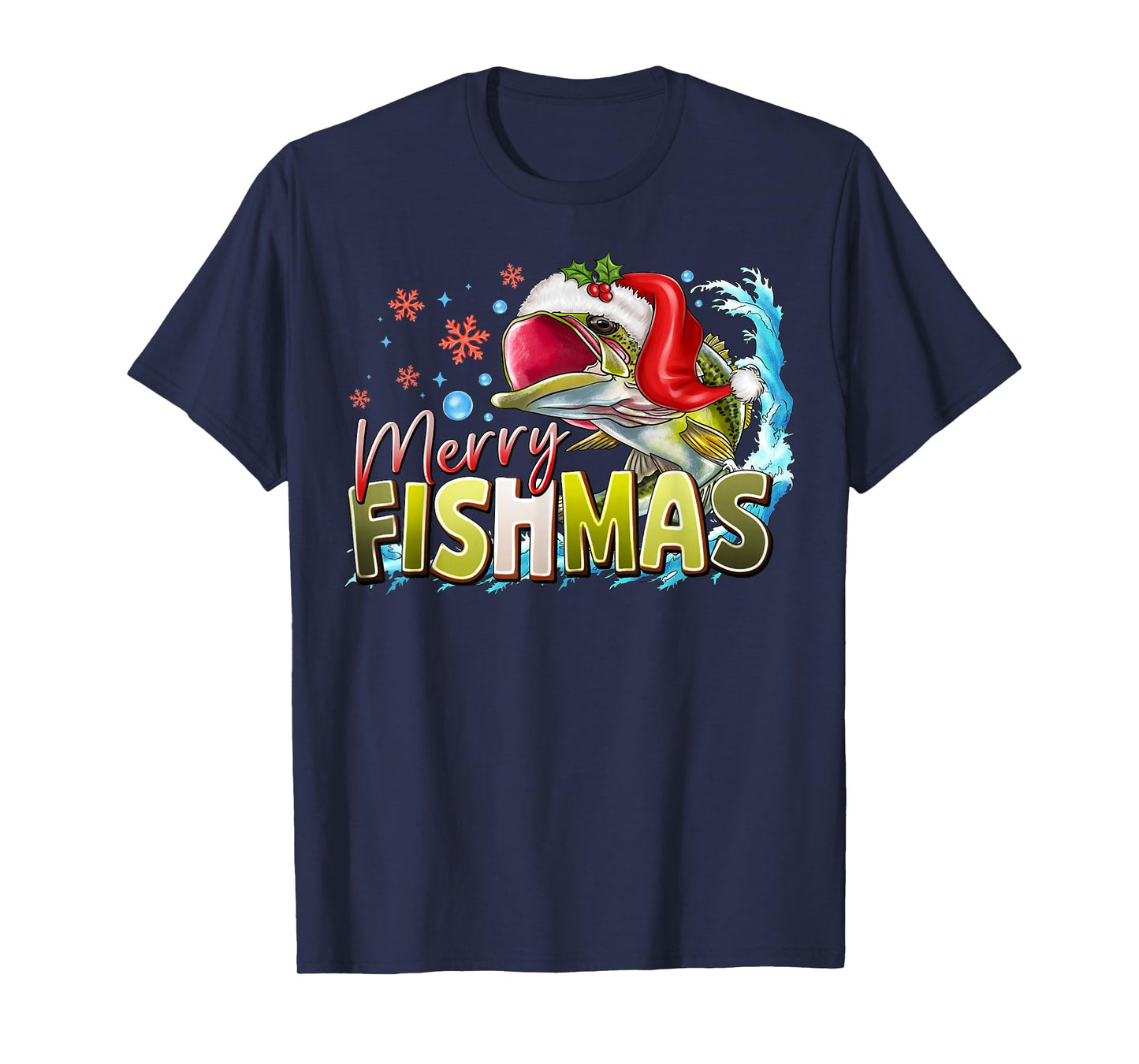 Funny Merry Fishmas Christmas Fisherman Bass Santa Hat T-Shirt