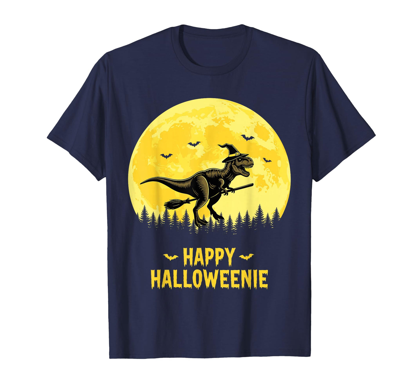 Happy Halloweenie Funny Dinosaur T Rex Flying Witch T-Shirt