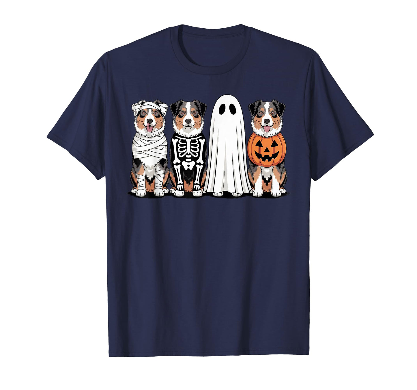 Spooky Ghost Australian Shepherd Pumpkin Halloween Skeleton T-Shirt