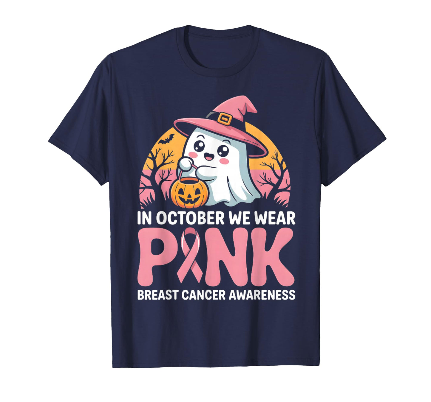 in October We Wear Pink Ghost Witch Breast Cancer Awareness T-Shirt