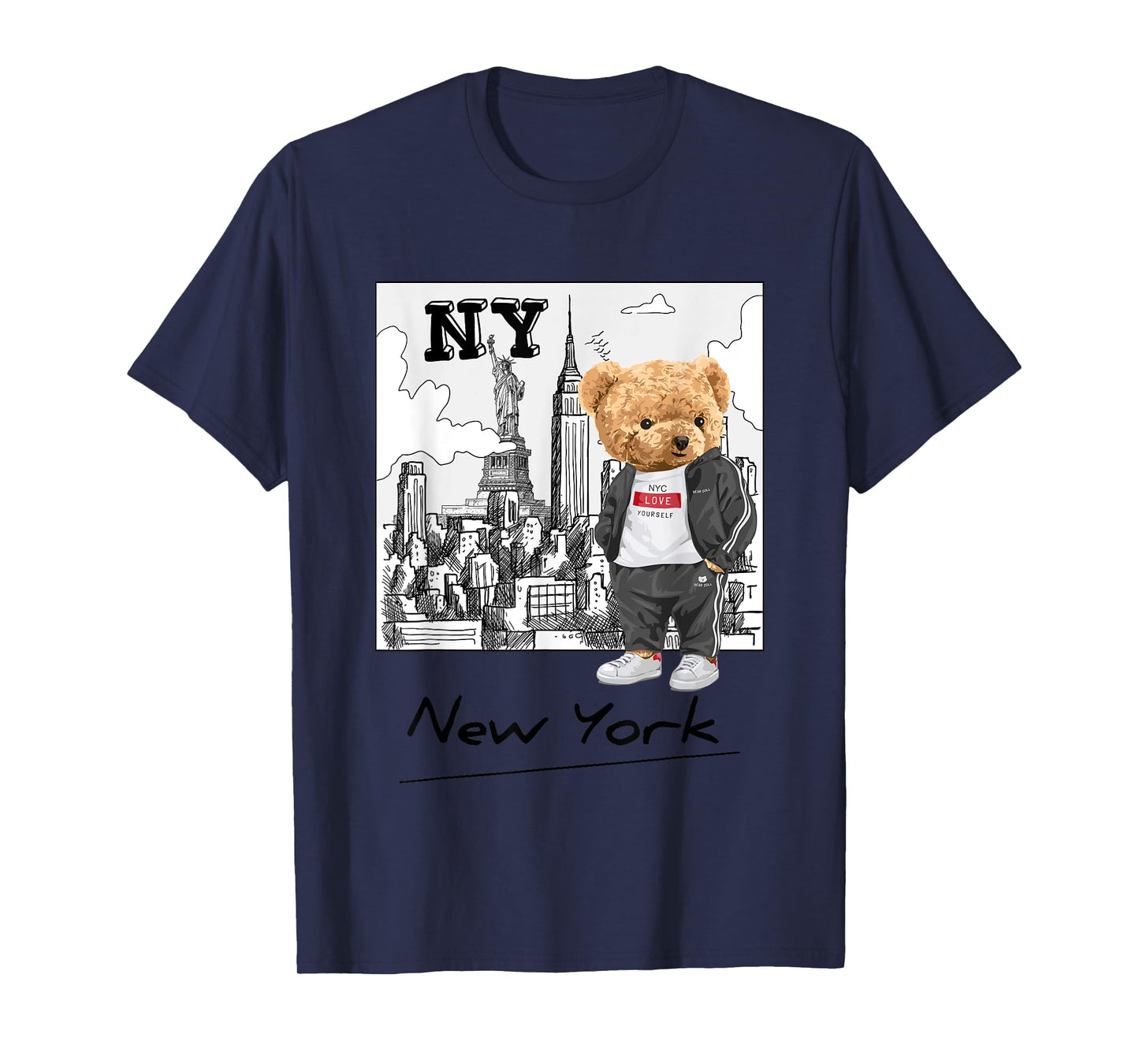 Bahaa's Tee Unisex-Kids Graphic T-Shirt Black Small Classic Fit Crew Neck Short Sleeve Summer Graphic Teddy Bear NYC Design