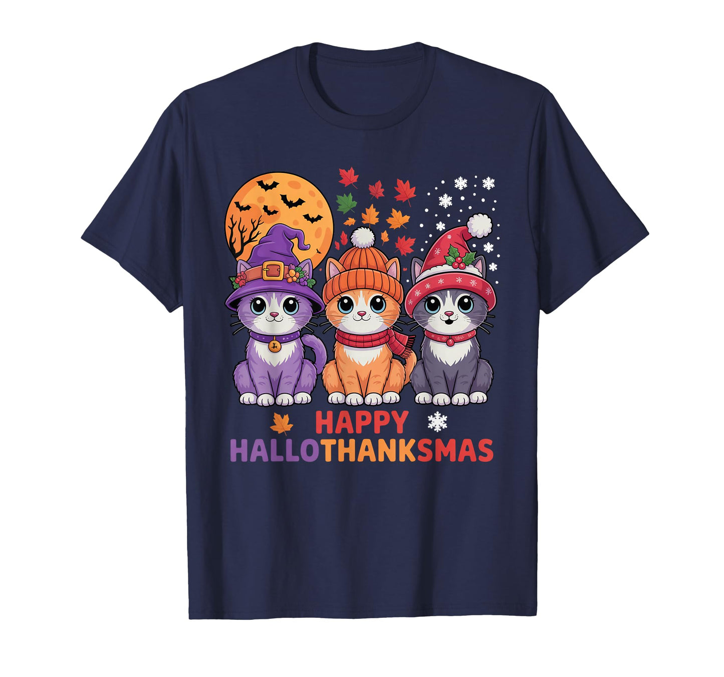 Halloween Thanksgiving Christmas Happy HalloThanksMas Cats T-Shirt