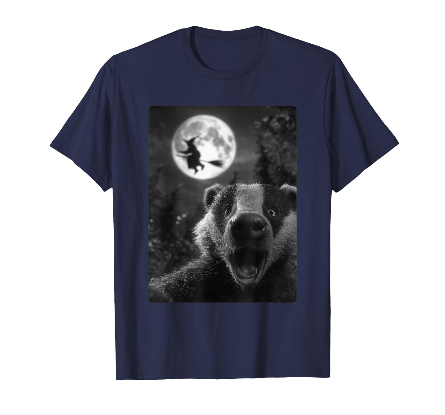 Funny Badger Selfie Full Moon Flying Witch Forest Halloween T-Shirt