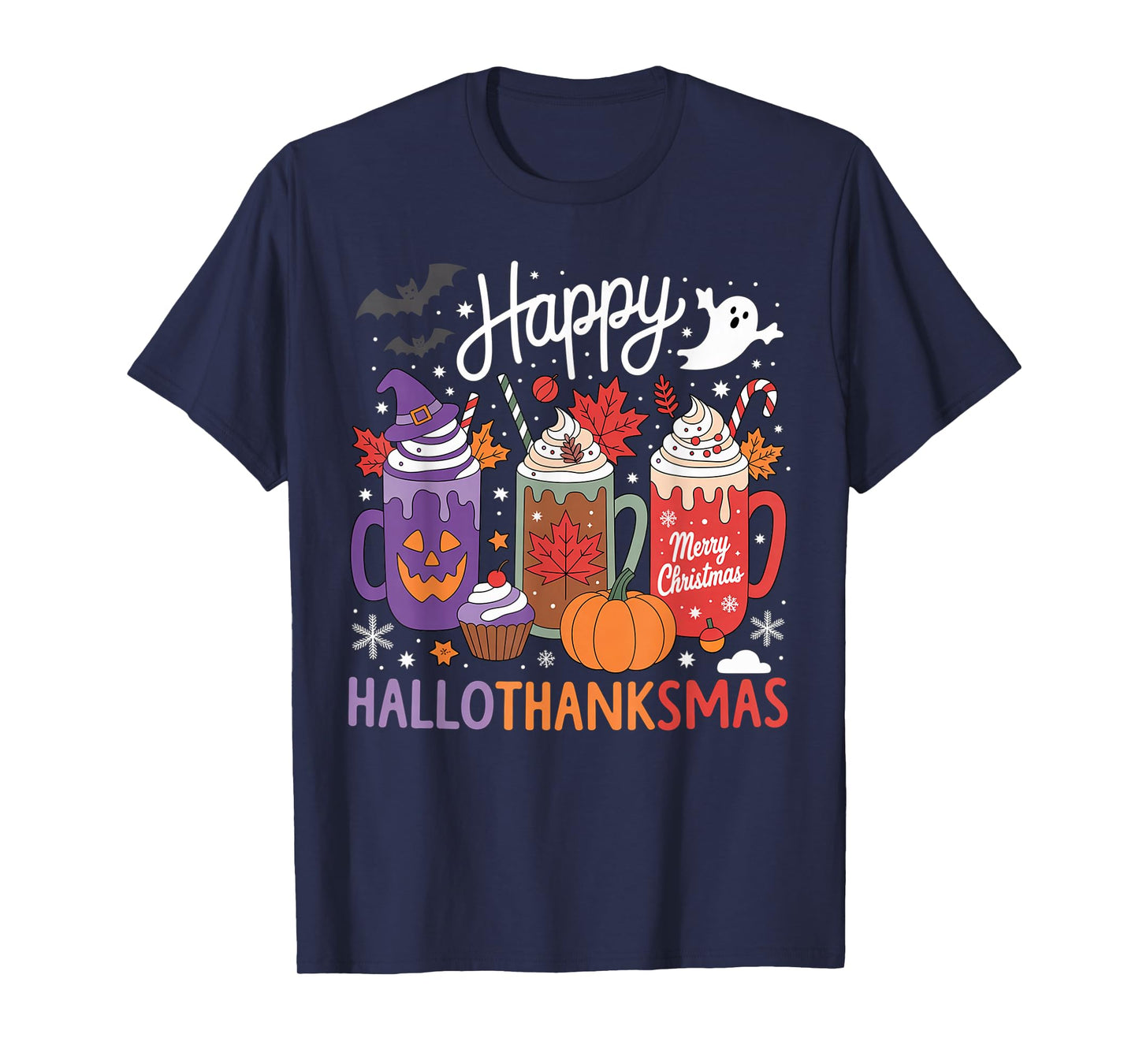 Happy Hallothanksmas Coffee Lover Halloween Merry Christmas T-Shirt