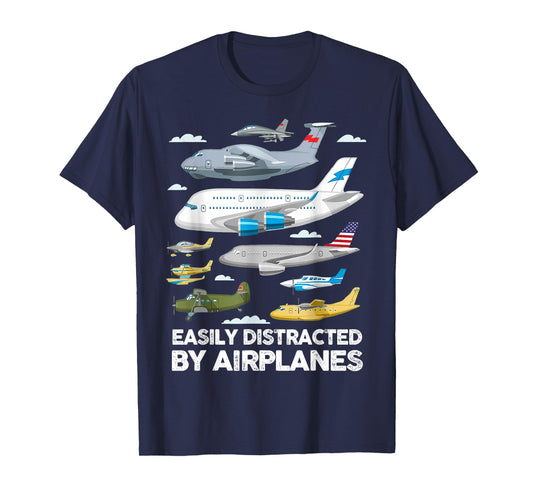 Men Boys Girls Kids Easily Distracted By Airplanes T-Shirt