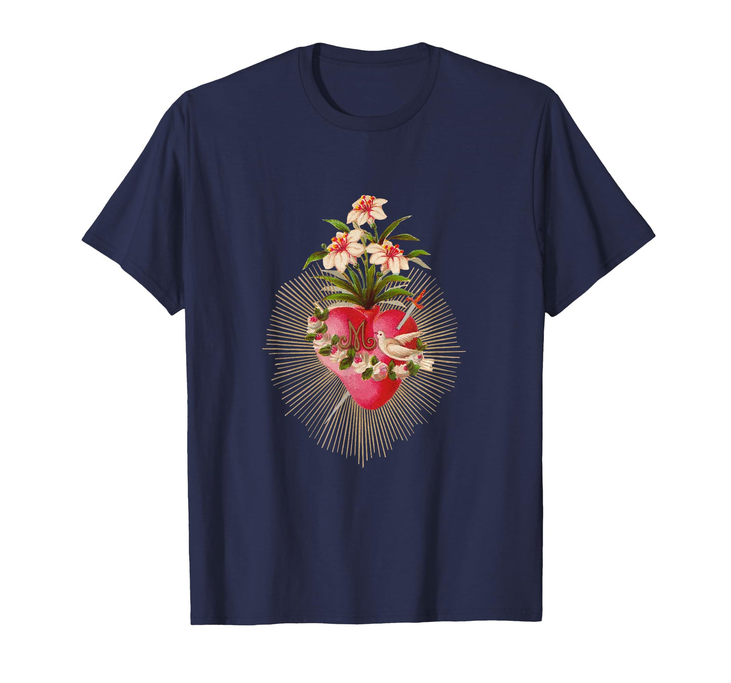 Immaculate Heart of Mary Vintage Lilies and Dove Catholic T-Shirt