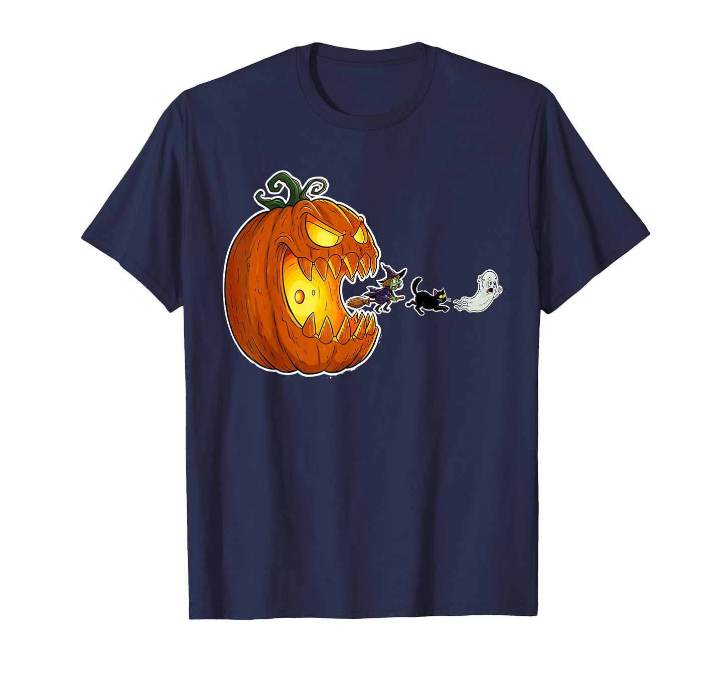 Halloween Jack O Pumpkin Chasing Ghost Cat Broomstick Chick T-Shirt