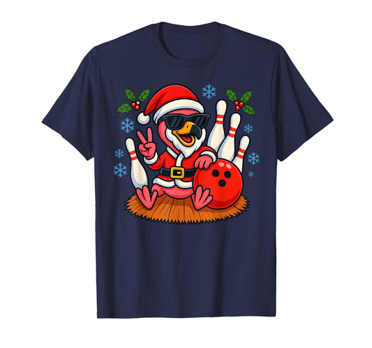 Cute Santa Flamingo Bowling Christmas Funny Holiday Vibes T-Shirt