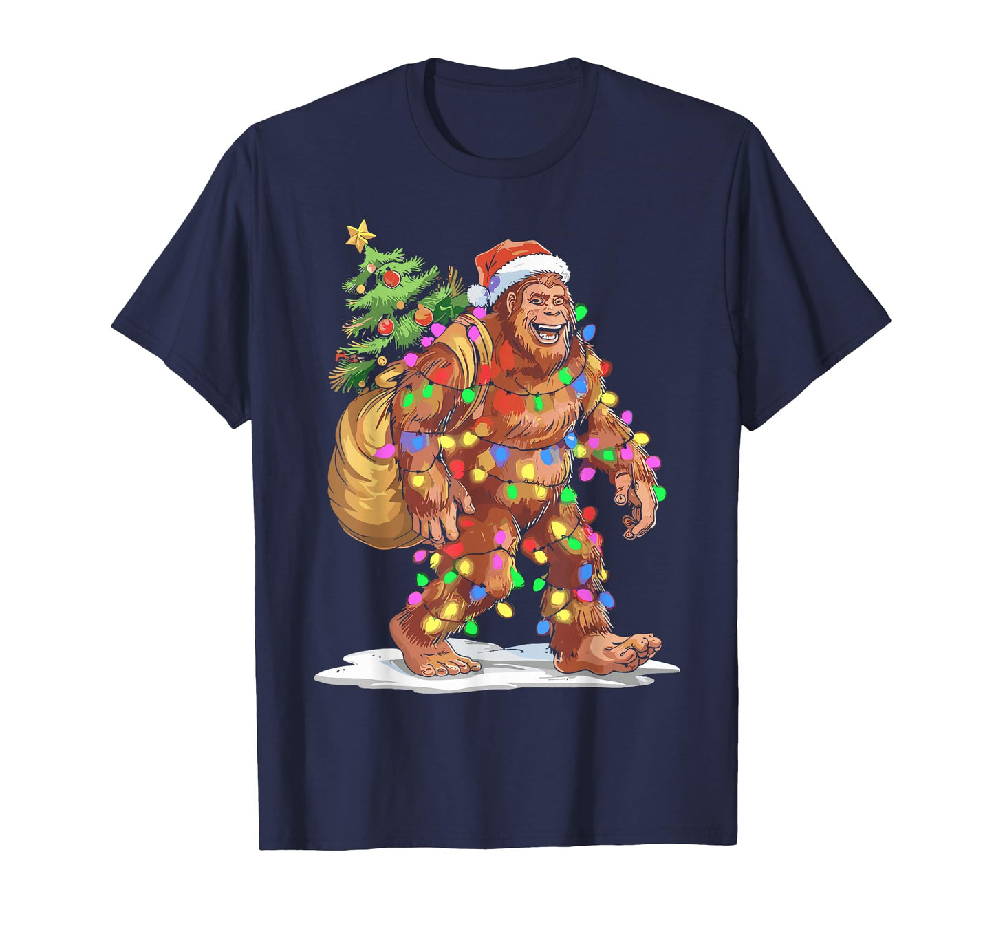 Santa Bigfoot Christmas Lights Funny Sasquatch Believe Xmas T-Shirt