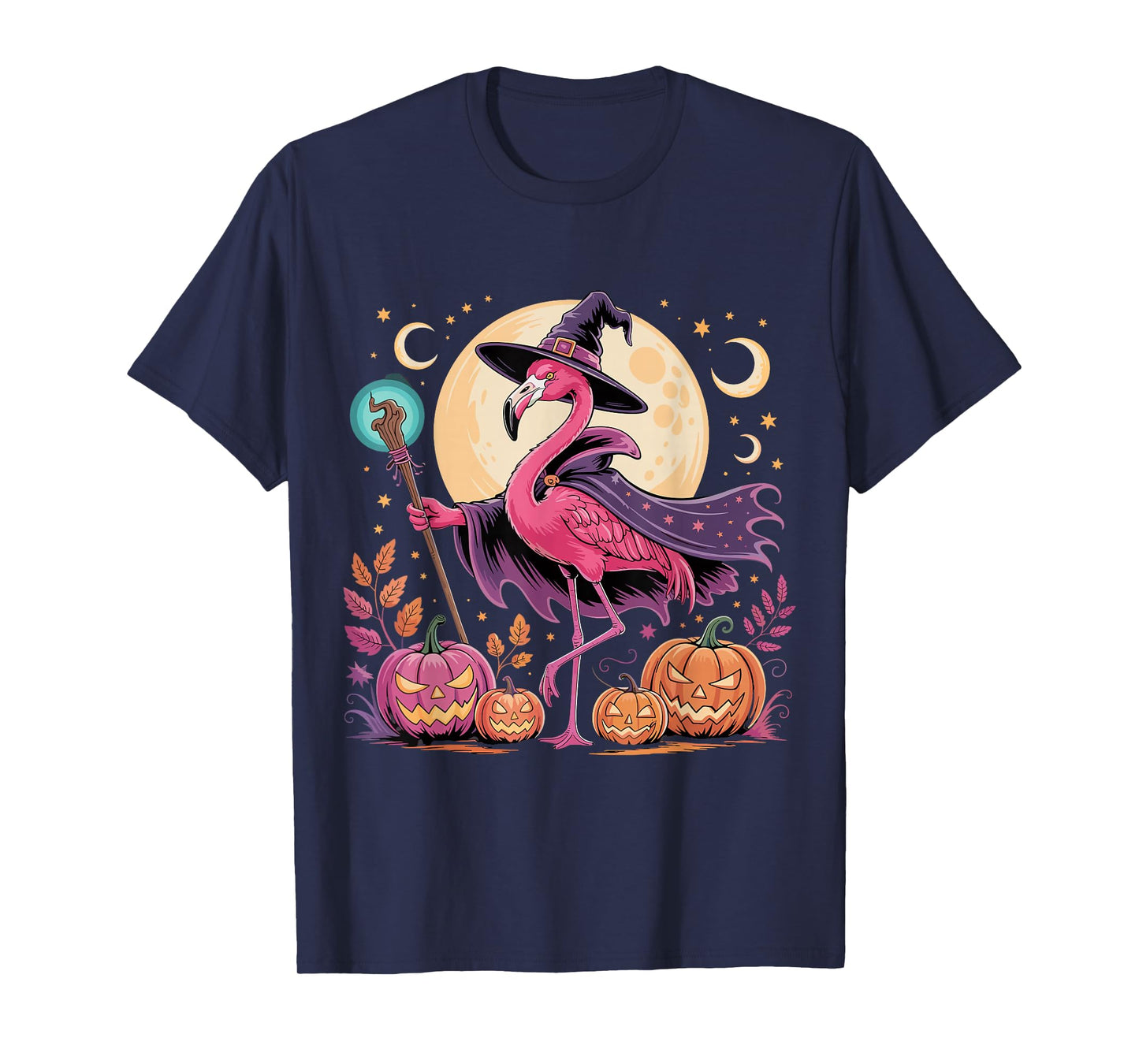 Halloween Flamingo Witch Under Moonlight – Autumn Pumpkin T-Shirt