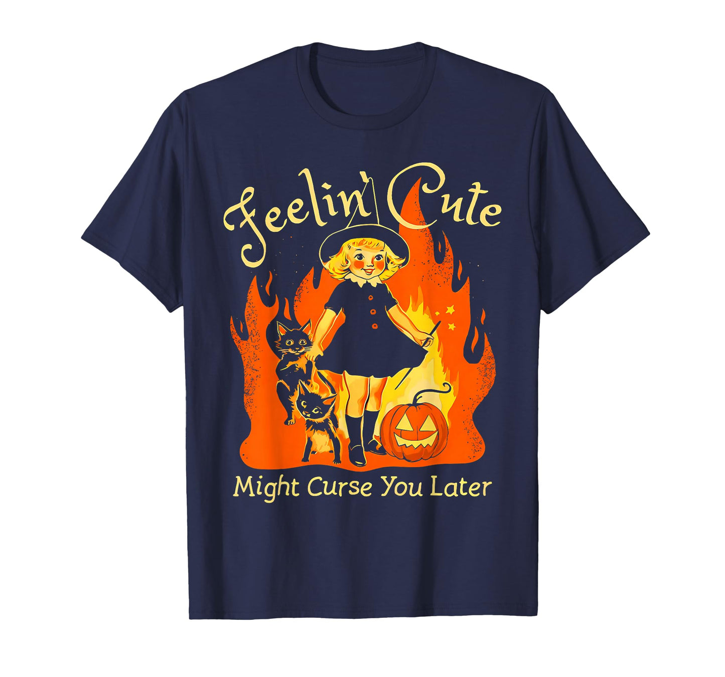 Feelin Cute Might Curse You Later Retro Witch Cat Halloween T-Shirt