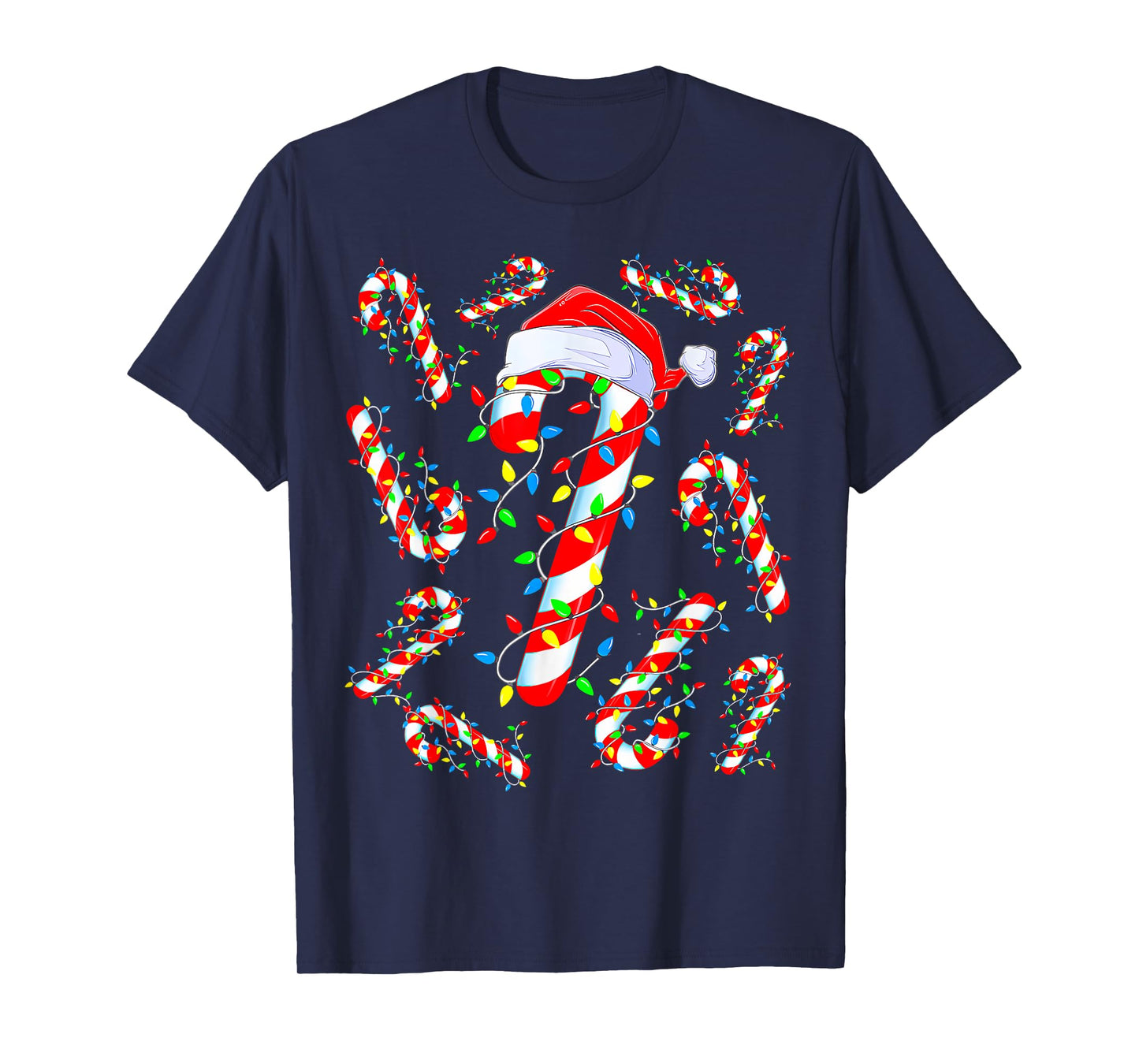 Red And White Candy Cane Santa Christmas Funny Xmas Lights T-Shirt
