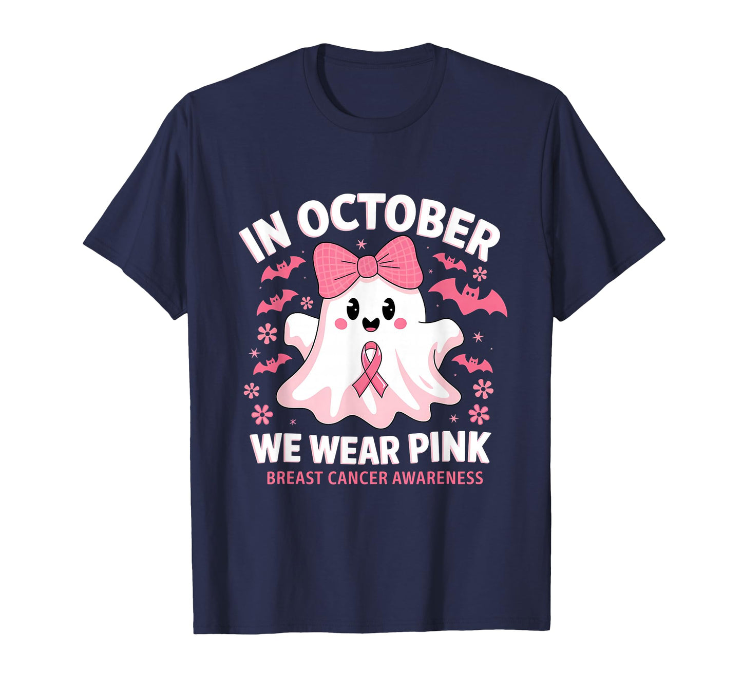 in October We Wear Pink Ghost Witch Breast Cancer Awareness T-Shirt