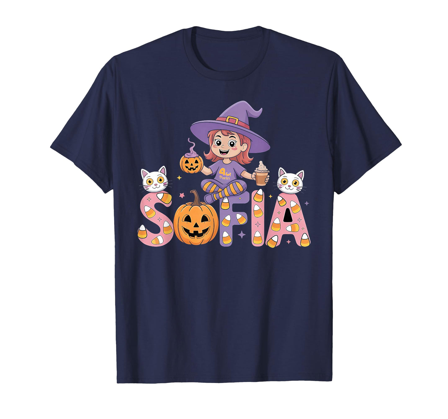 Sofia Witch Candy Corn Cat Halloween Women and Girls T-Shirt