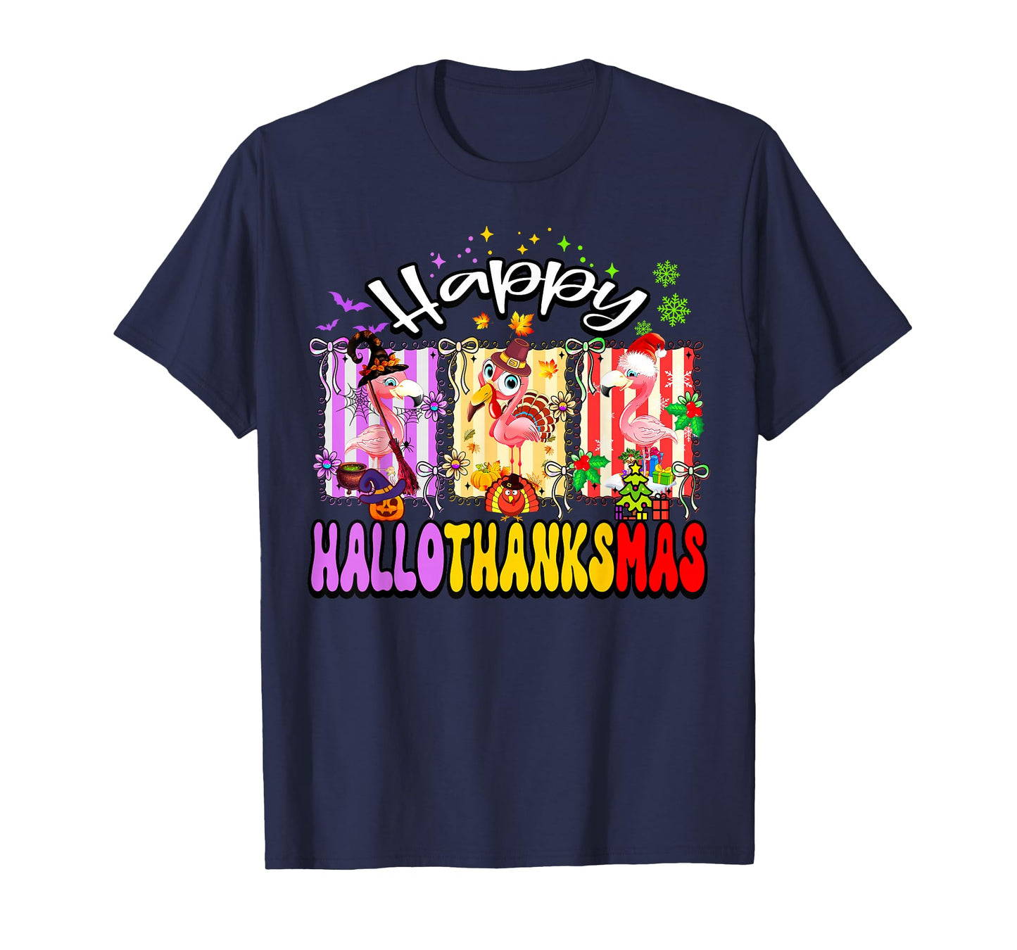 Hallothanksmas Flamingo Halloween Thanksgiving Christmas T-Shirt