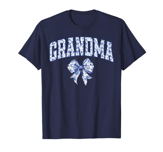 Grandma Coquette Toile Blue Bow Floral Family Matching T-Shirt
